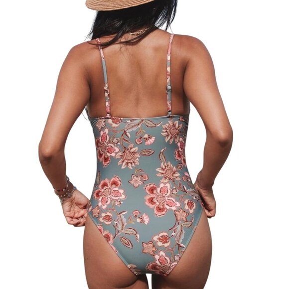 Cupshe Women 1Piece Swimsuit Large Gray Retro Floral Tummy V-Neck Tummy Control - Picture 4 of 7